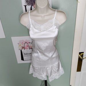 Comfy Satin Sleepwear Set Lace Trim Top And Shorts